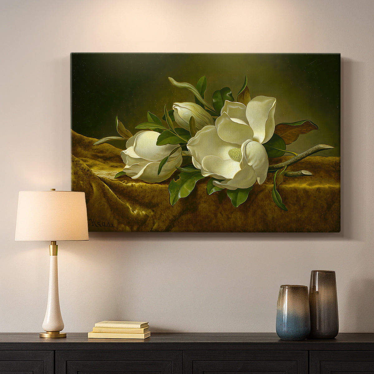 Canvas art print detailing a luminist still life with blossoms, mounted in a softly lit interior space