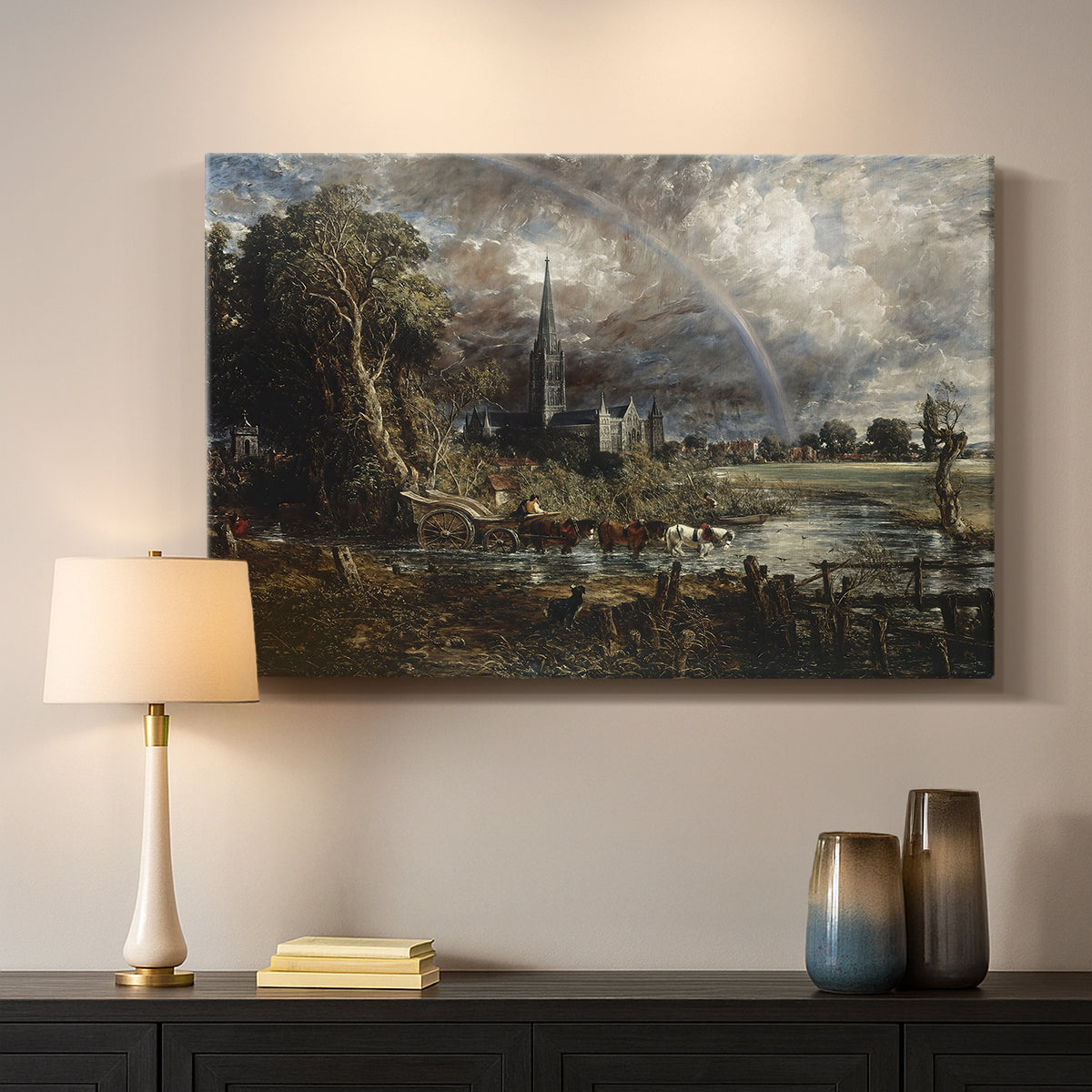 Canvas art print detailing a landscape detail emphasizing environment, mounted in a softly lit interior space