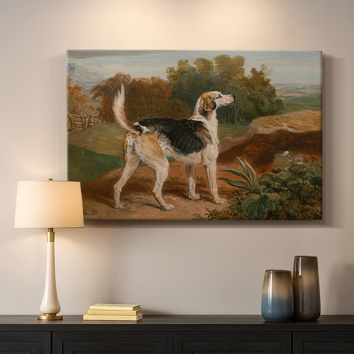 Canvas art print detailing a countryside scene featuring single hound, mounted in a softly lit interior space