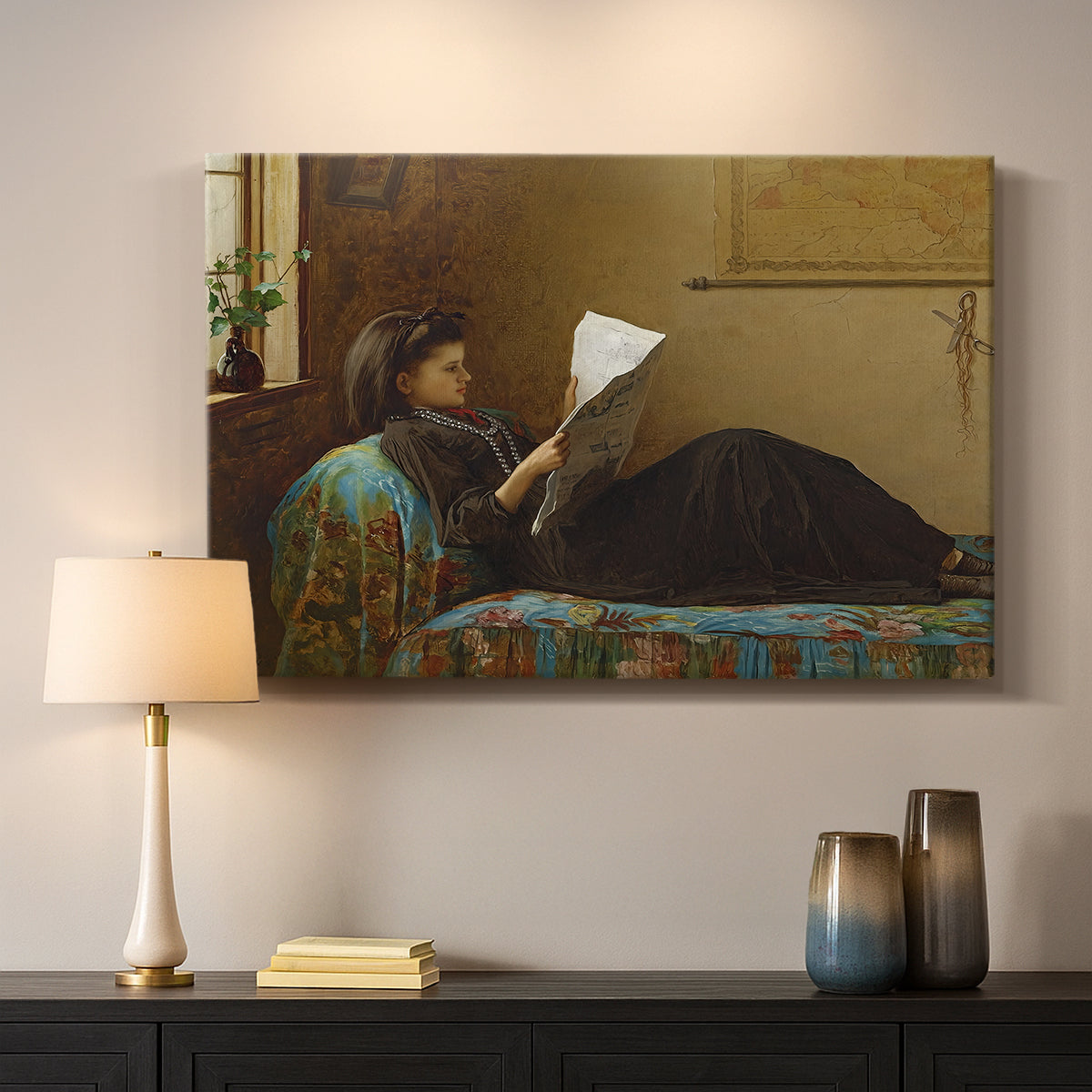 Canvas art print detailing a casual gathering around newspaper in rustic room, mounted in a softly lit interior space