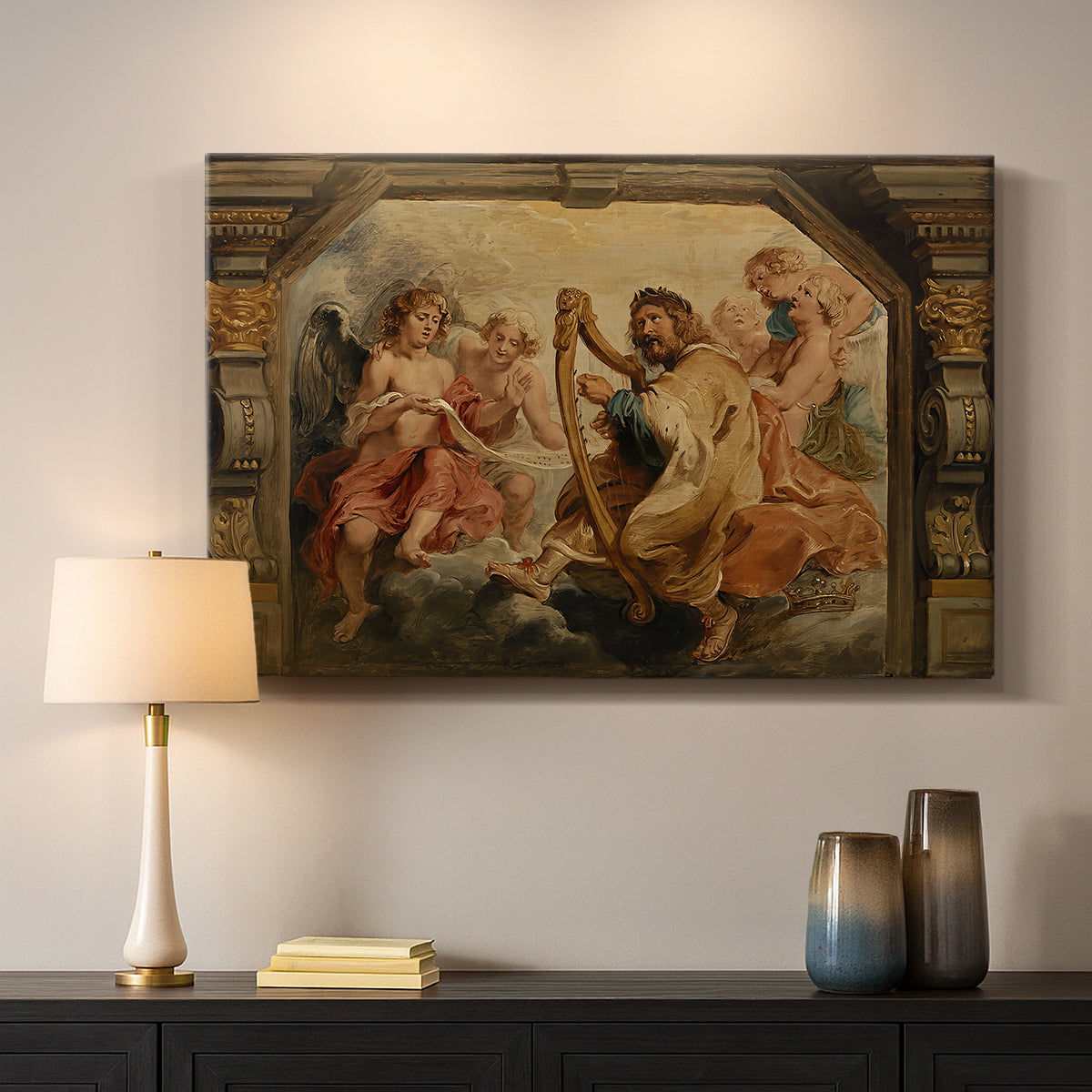 Canvas art print detailing an expressive devotional setting, mounted in a softly lit interior space