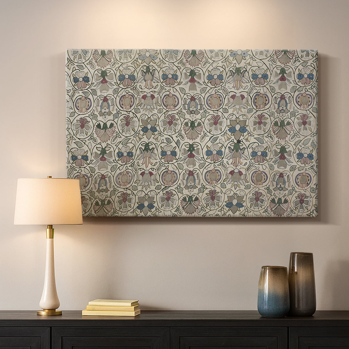 Canvas art print detailing an elongated surface filled with structured ornamental pattern, mounted in a softly lit interior space