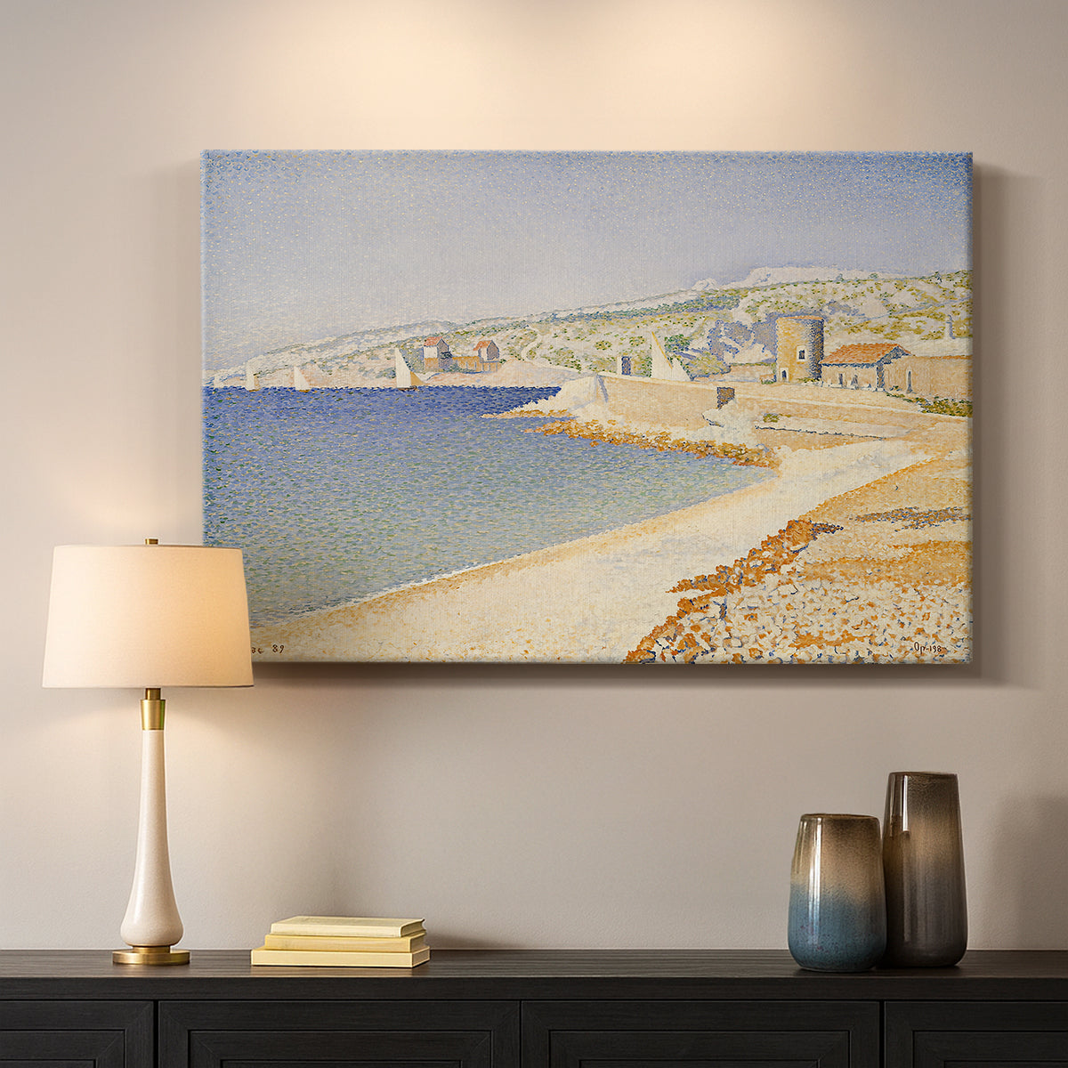 Canvas art print detailing a landscape with jetty, mounted in a softly lit interior space