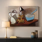 Canvas art print detailing a stylized composition emphasizing placement, mounted in a softly lit interior space