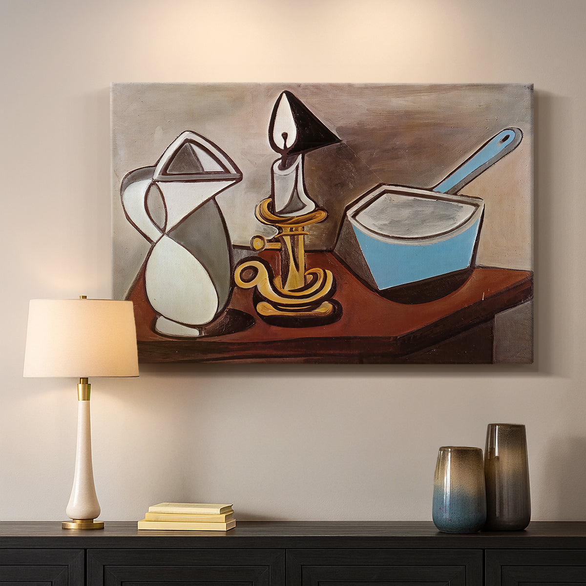 Canvas art print detailing a stylized composition emphasizing placement, mounted in a softly lit interior space