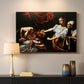 Canvas art print detailing a violent religious narrative with strong contrast of light and shadow, mounted in a softly lit interior space