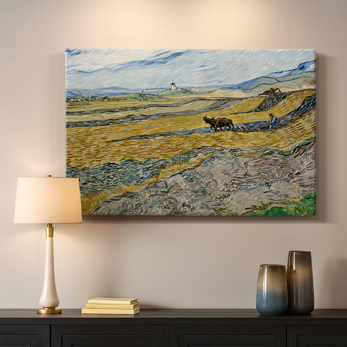 Canvas art print detailing a countryside composition showing agricultural labor in enclosed field, mounted in a softly lit interior space