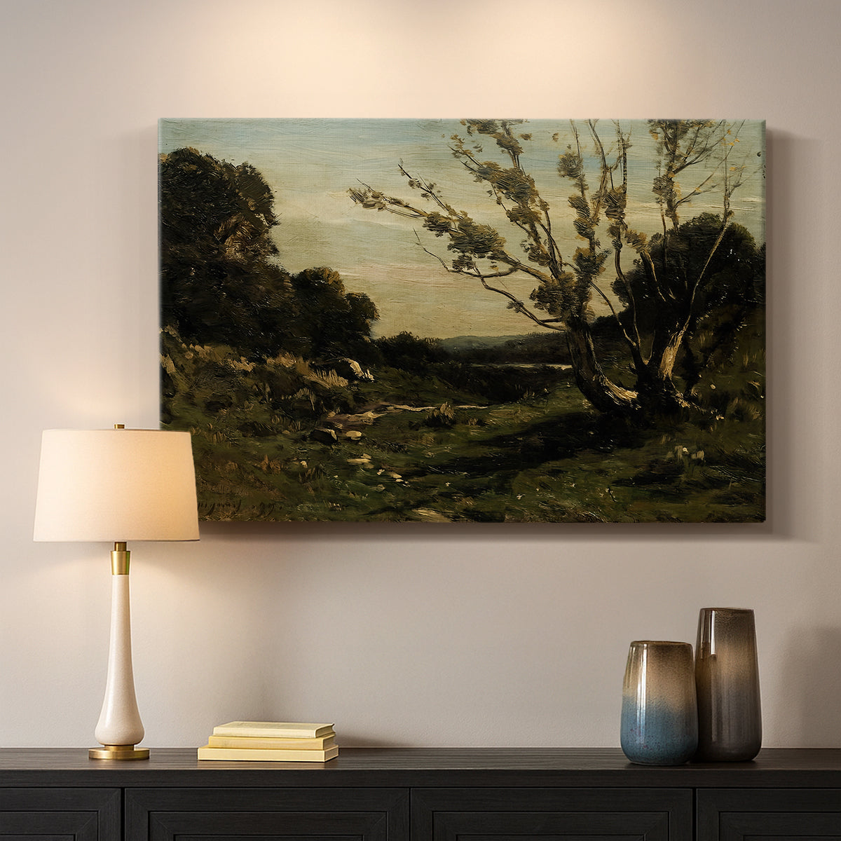 Canvas art print detailing a tranquil landscape capturing morning light and stillness, mounted in a softly lit interior space