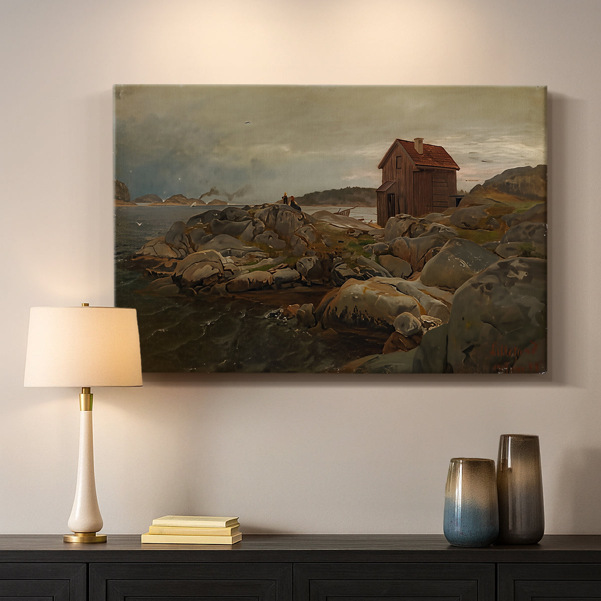 Canvas art print detailing a peaceful harbor setting with architecture and boats, mounted in a softly lit interior space