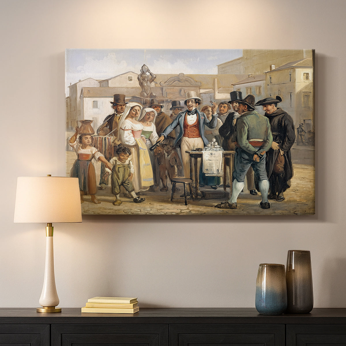 Canvas art print detailing a composition showing public interaction in open square, mounted in a softly lit interior space