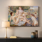Canvas art print detailing women bathing in nature surrounded by trees and soft light, mounted in a softly lit interior space