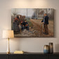 Canvas art print detailing a rustic landscape with figures along open road, mounted in a softly lit interior space