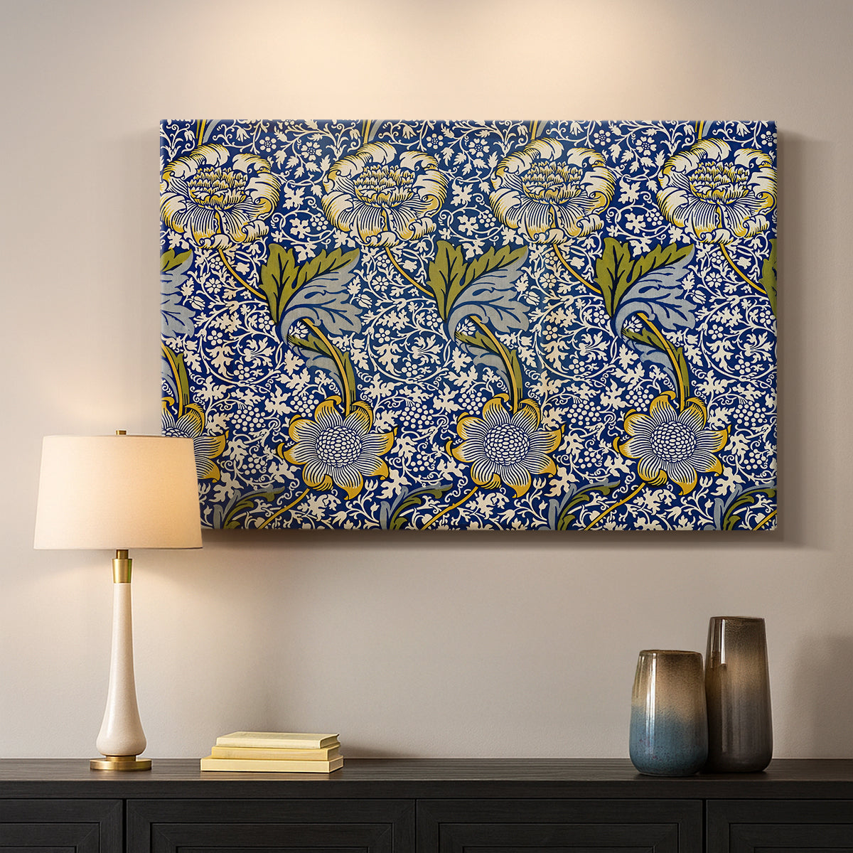 Canvas art print detailing a decorative composition with layered natural motifs and symmetry, mounted in a softly lit interior space
