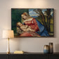 Canvas art print detailing a sacred figure study with child held against dark background, mounted in a softly lit interior space