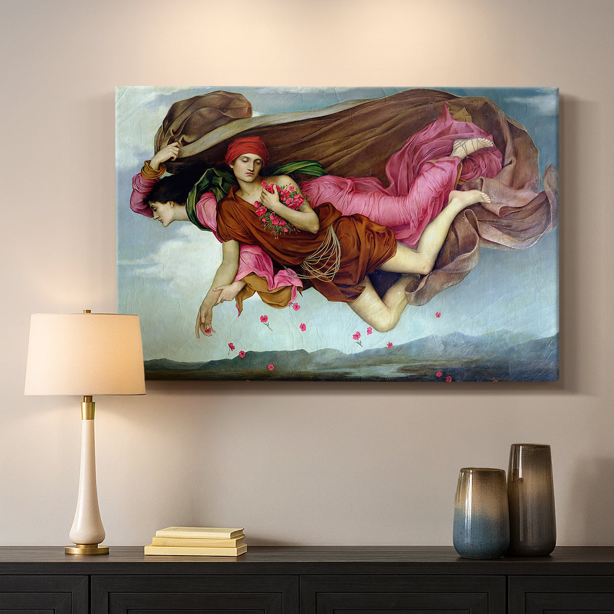 Canvas art print detailing an allegorical painting of intertwined figures in celestial setting, mounted in a softly lit interior space