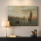 Canvas art print detailing a fjord landscape featuring water, boats, and distant hills, mounted in a softly lit interior space