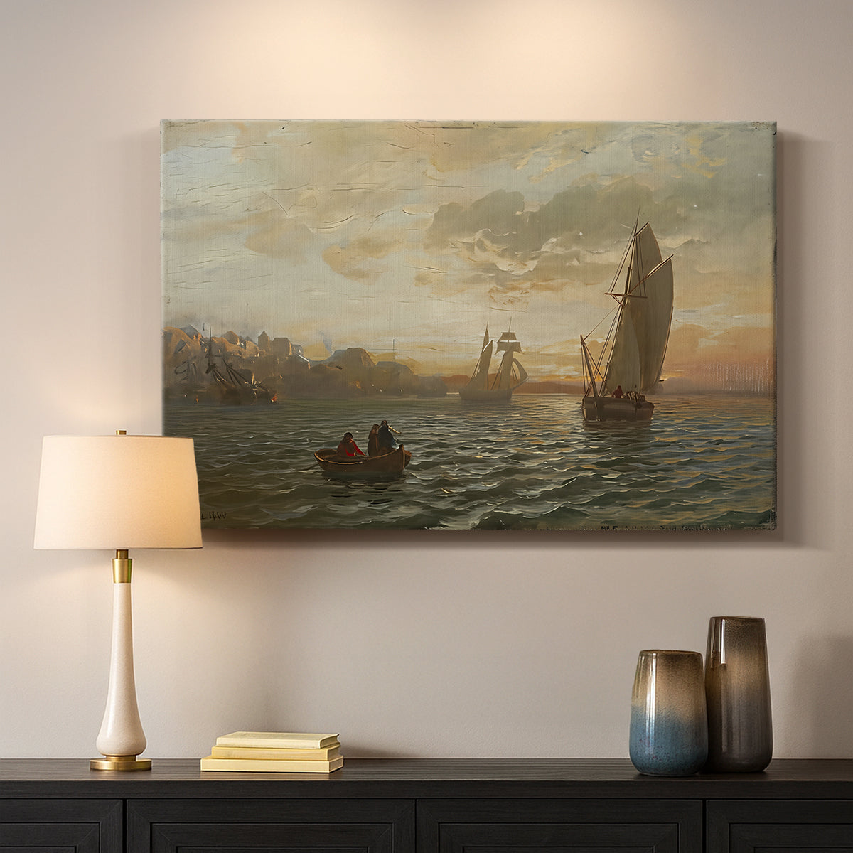 Canvas art print detailing a fjord landscape featuring water, boats, and distant hills, mounted in a softly lit interior space