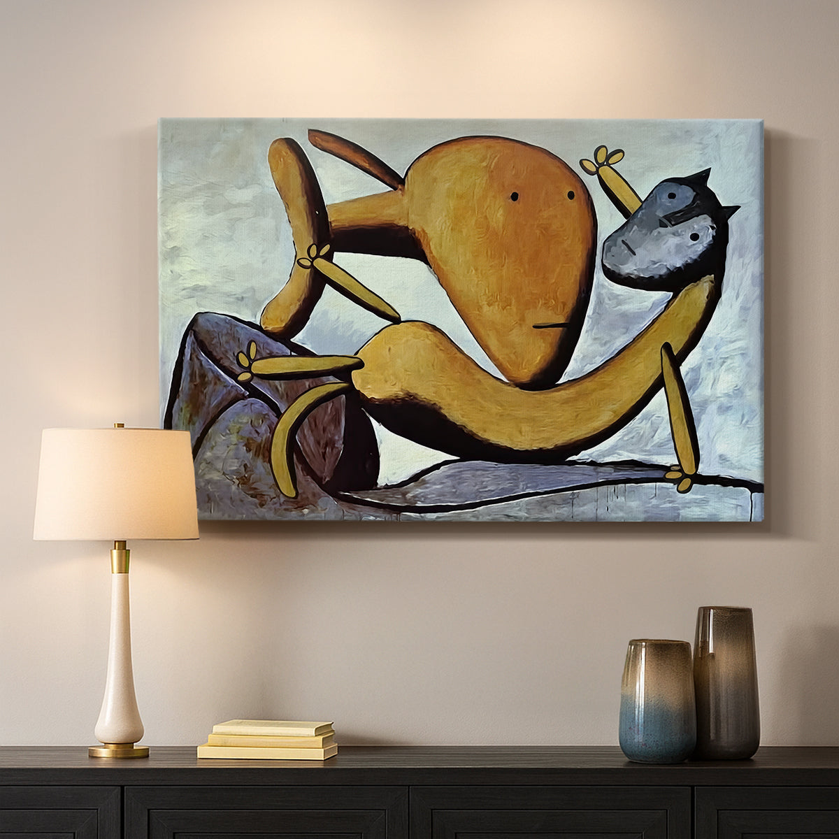 Canvas art print detailing a stylized animal interaction, mounted in a softly lit interior space