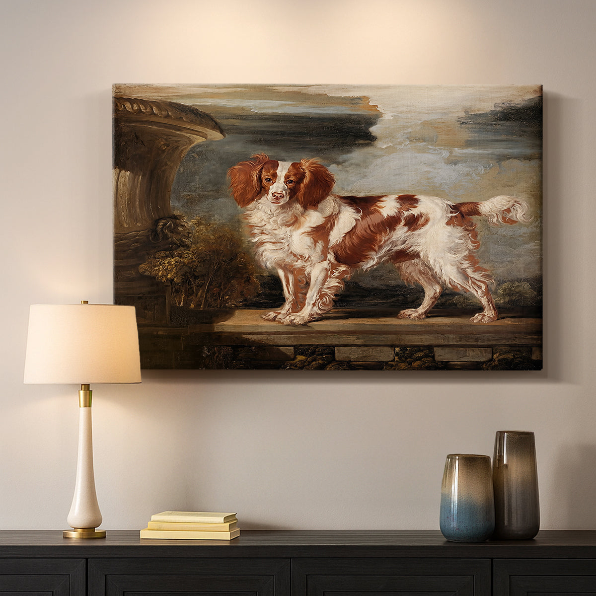 Canvas art print detailing a countryside scene featuring domestic dog, mounted in a softly lit interior space