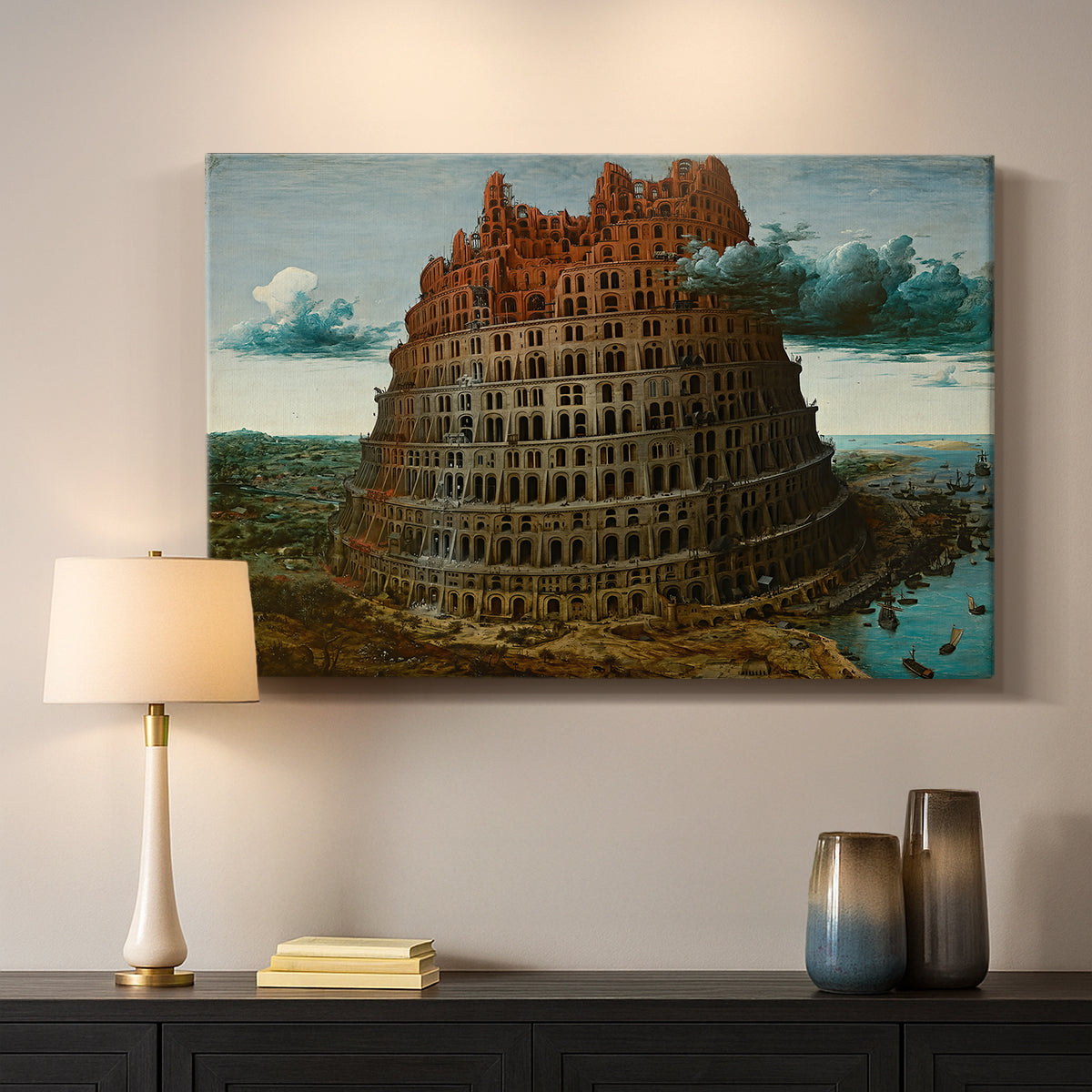 Canvas art print detailing a traditional composition showing large-scale building project, mounted in a softly lit interior space
