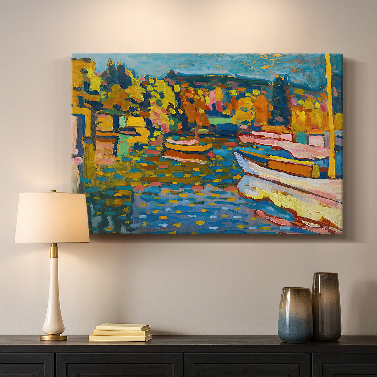 Canvas art print detailing a stylized scene emphasizing seasonal tones and structure, mounted in a softly lit interior space