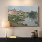 Canvas art print detailing a pointillist composition with town and natural surroundings, mounted in a softly lit interior space