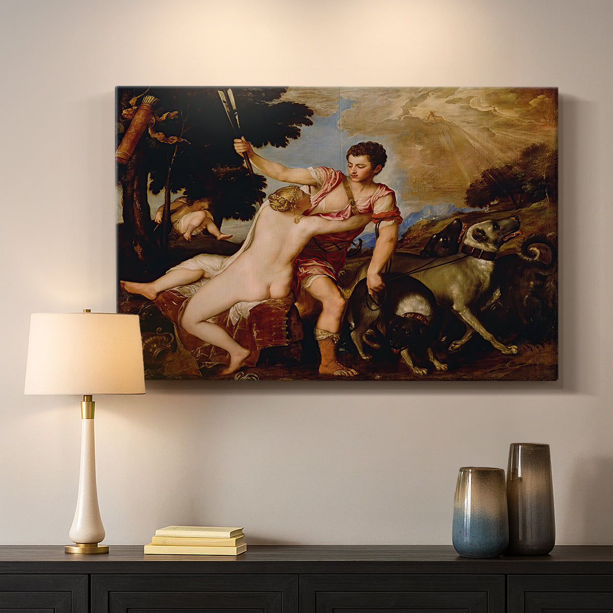 Canvas art print detailing a classical narrative moment showing lovers parting in landscape, mounted in a softly lit interior space
