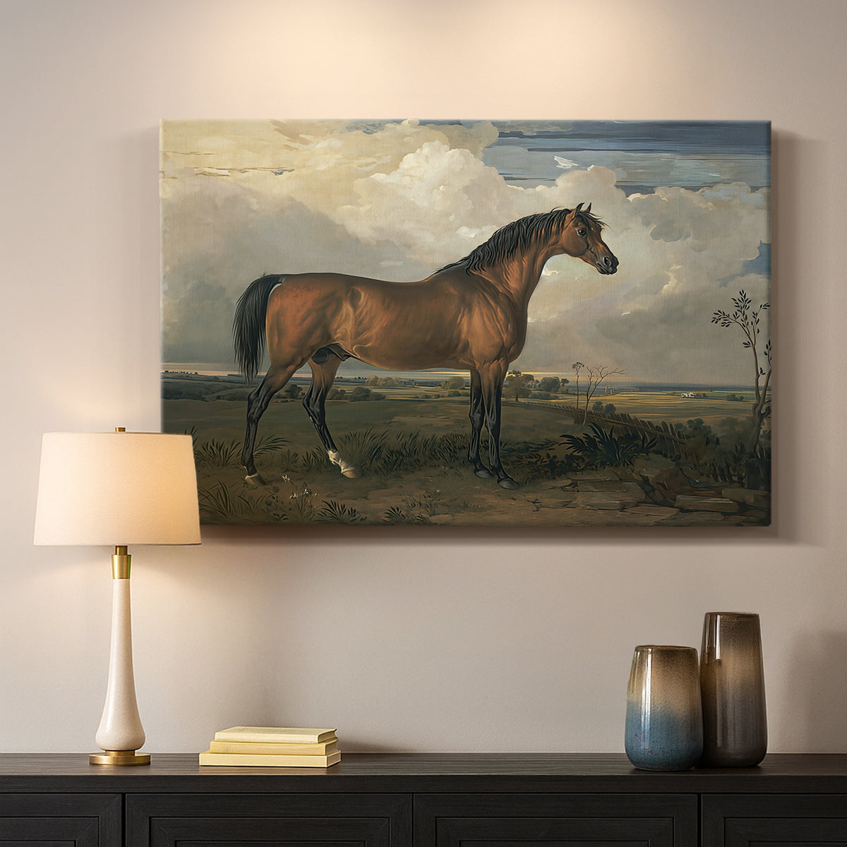 Canvas art print detailing an animal study of stallion in outdoor setting, mounted in a softly lit interior space