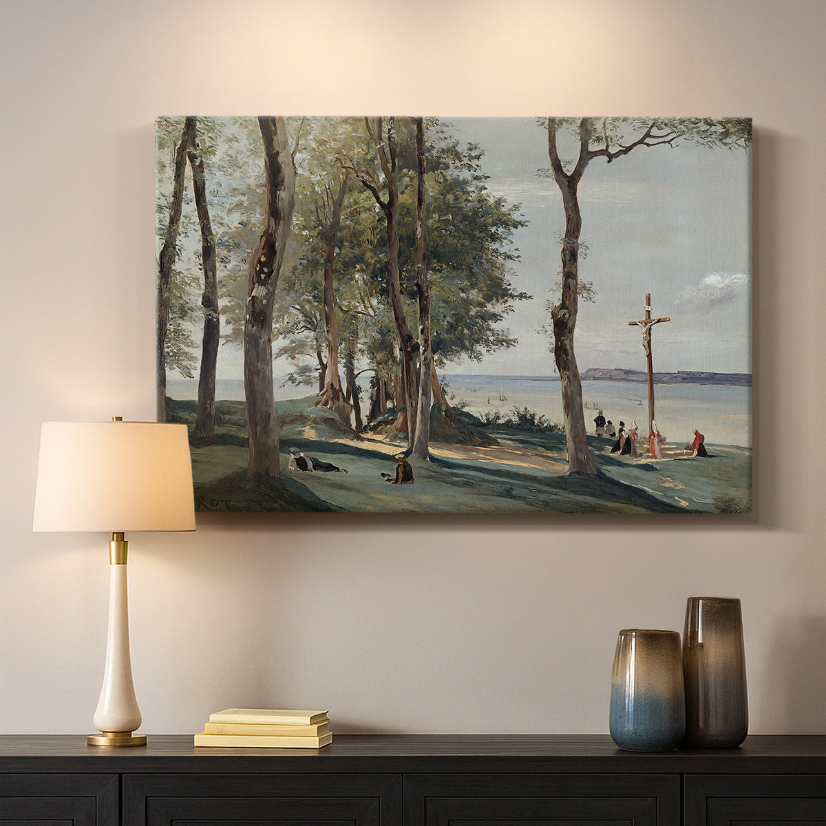 Canvas art print detailing a tranquil setting with cross and surrounding vegetation, mounted in a softly lit interior space