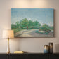Canvas art print detailing a stylized urban garden composition, mounted in a softly lit interior space