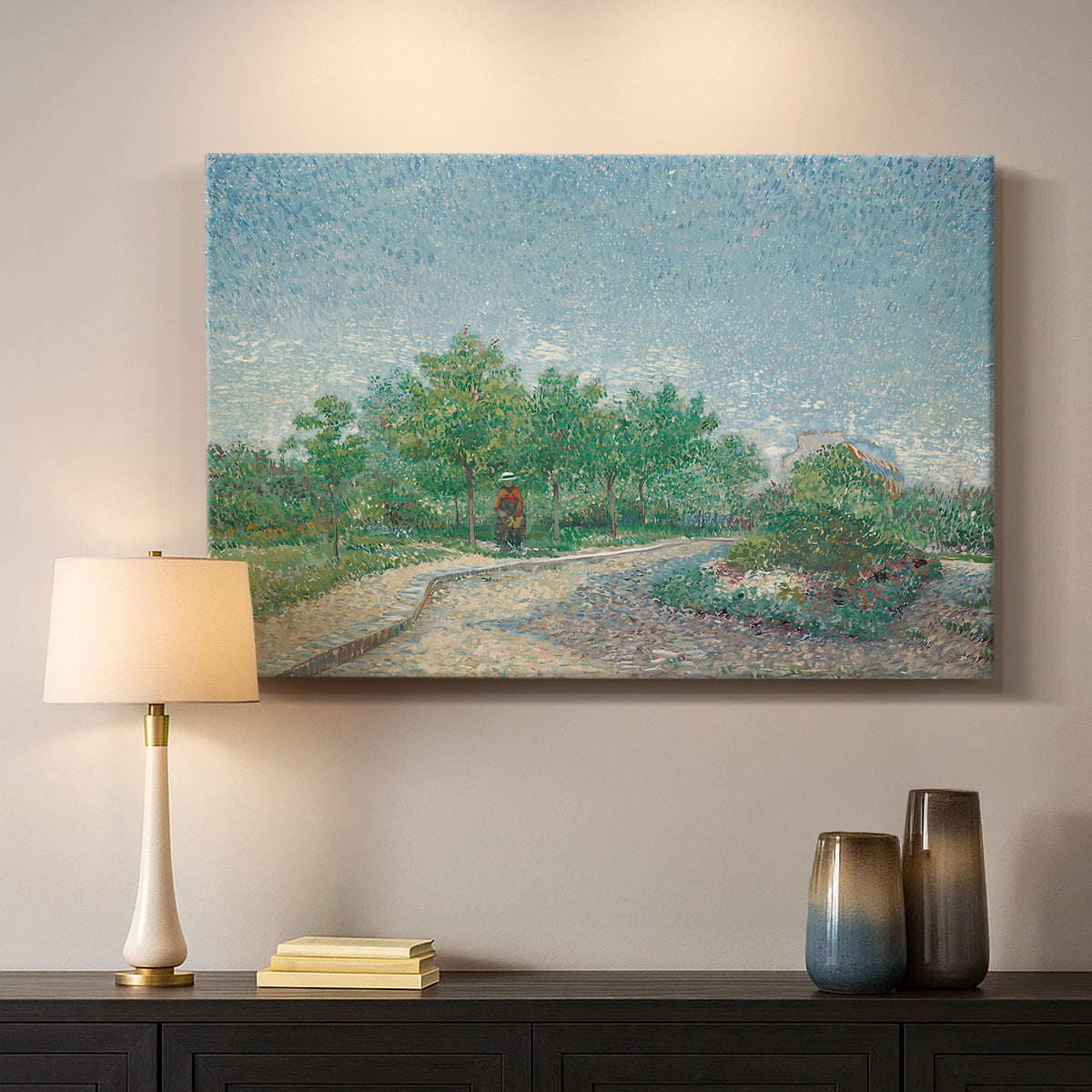 Canvas art print detailing a stylized urban garden composition, mounted in a softly lit interior space