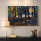 Canvas art print detailing a stylized landscape focusing on color and atmosphere, mounted in a softly lit interior space