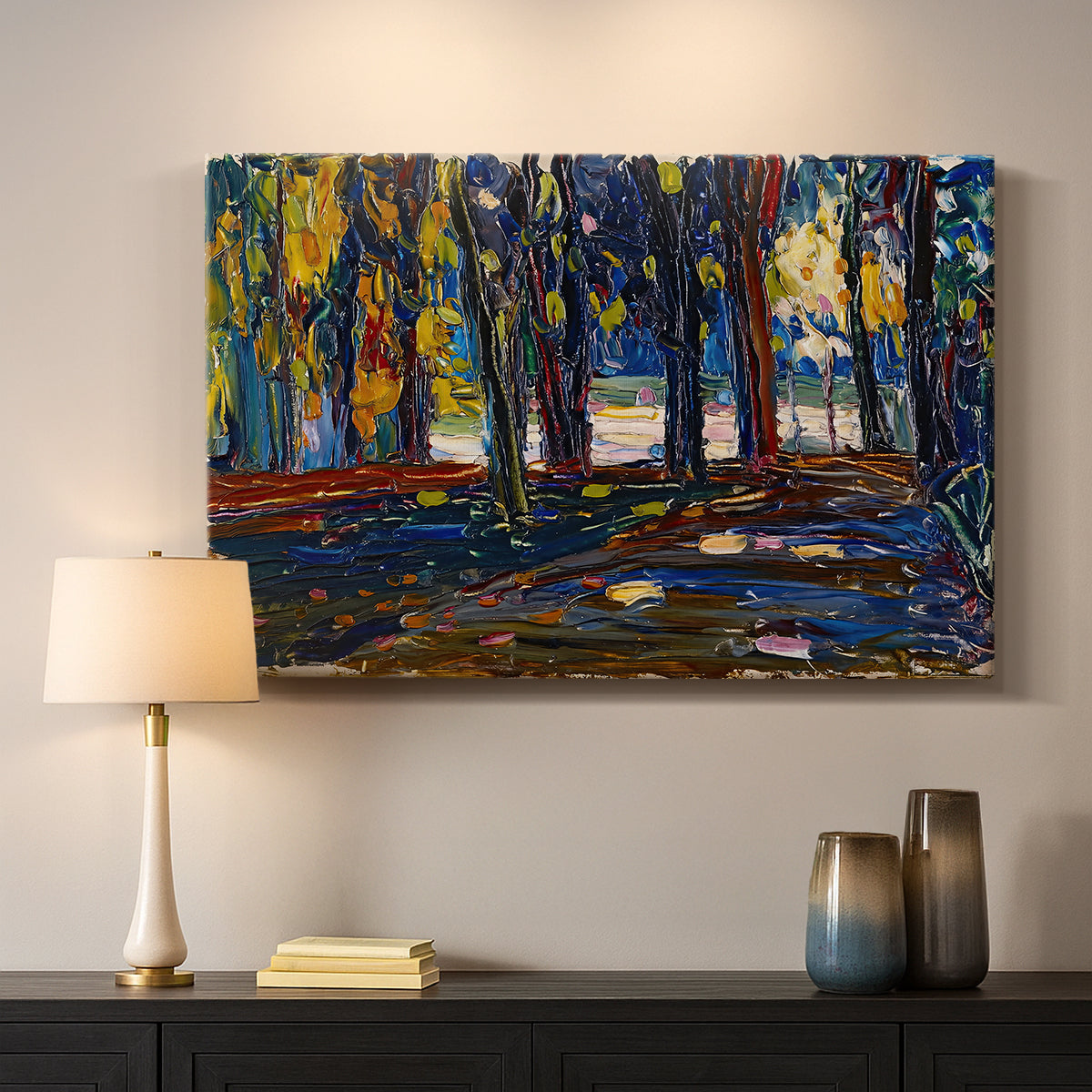 Canvas art print detailing a stylized landscape focusing on color and atmosphere, mounted in a softly lit interior space