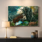 Canvas art print detailing a rustic setting with figure and firelight among trees, mounted in a softly lit interior space