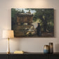 Canvas art print detailing a contemplative moment with figure in sacred environment, mounted in a softly lit interior space