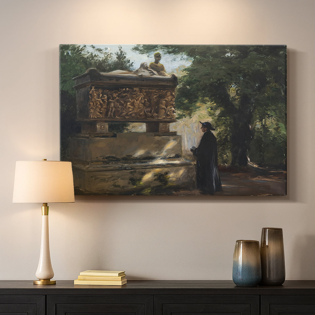Canvas art print detailing a contemplative moment with figure in sacred environment, mounted in a softly lit interior space