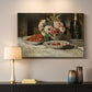 Canvas art print detailing a detailed arrangement of food and beverage items, mounted in a softly lit interior space