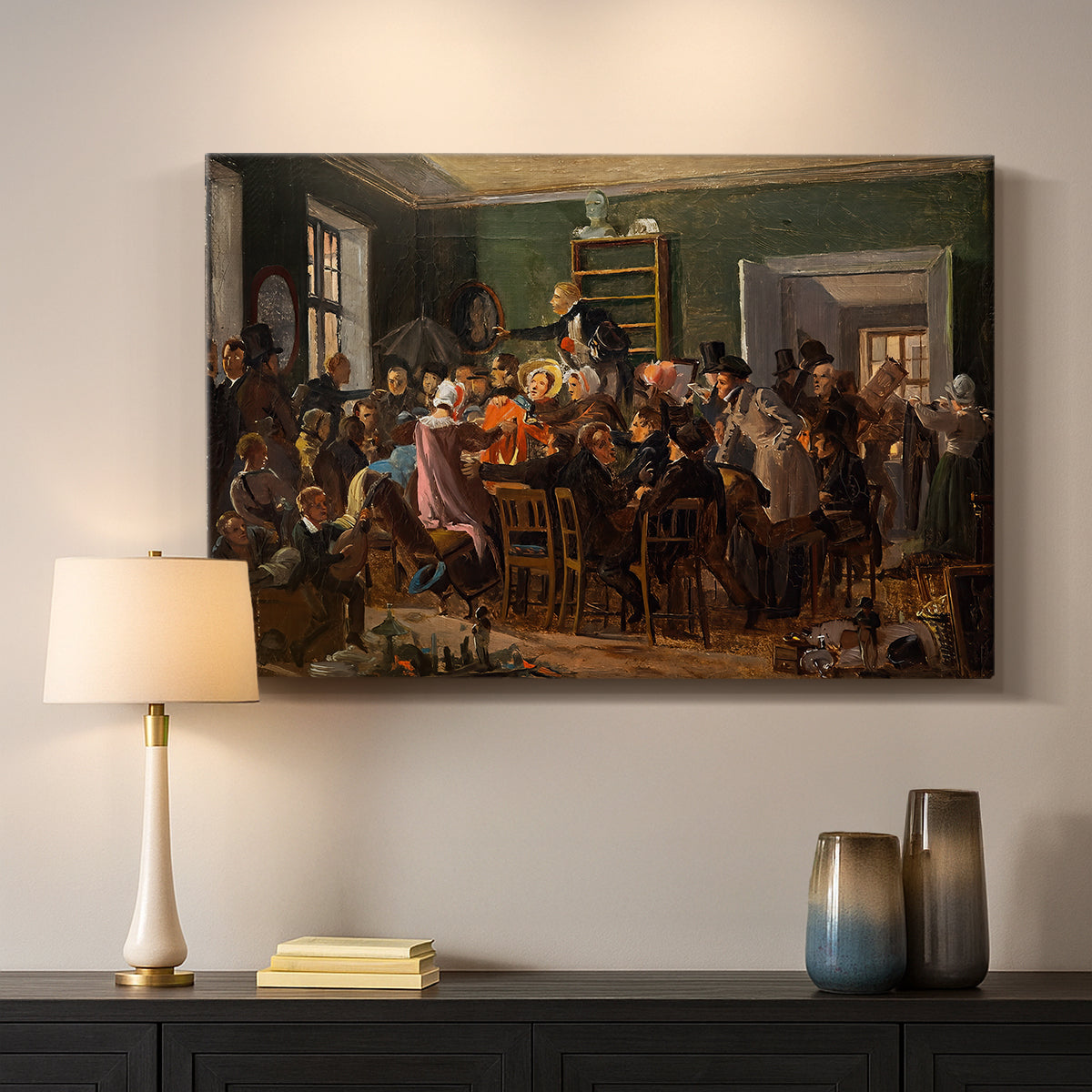 Canvas art print detailing an interior setting filled with figures engaged in event, mounted in a softly lit interior space
