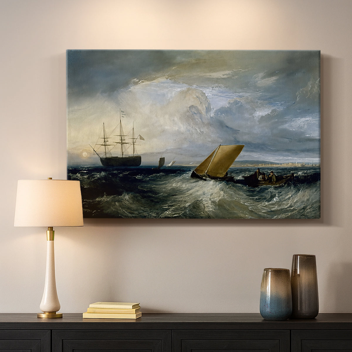 Canvas art print detailing an expressive coastal composition, mounted in a softly lit interior space