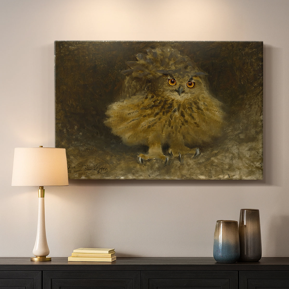 Canvas art print detailing a realistic depiction of owl camouflaged within woodland environment, mounted in a softly lit interior space