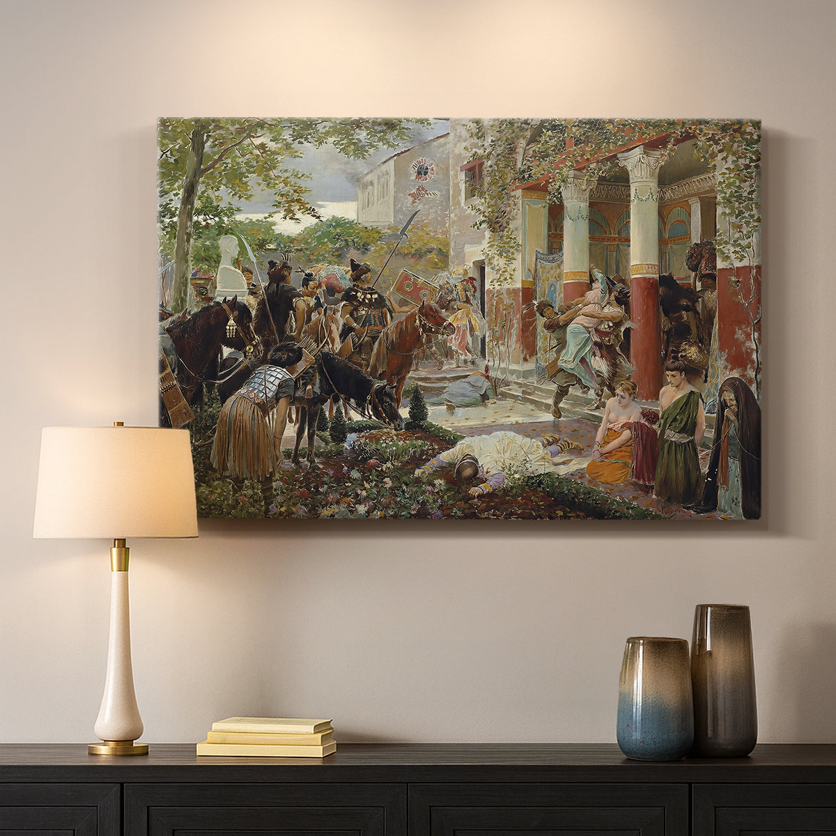 Canvas art print detailing a dynamic composition of warriors attacking in crowded setting, mounted in a softly lit interior space