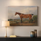Canvas art print detailing a rural setting with figure and horse, mounted in a softly lit interior space