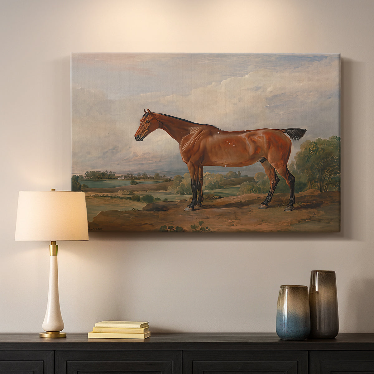 Canvas art print detailing a rural setting with figure and horse, mounted in a softly lit interior space