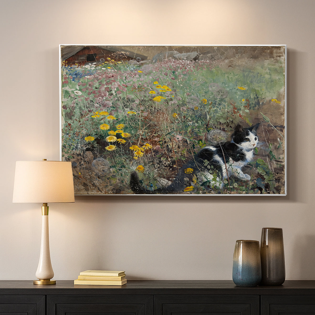 Canvas art print detailing a naturalistic depiction of cat in blooming countryside setting, mounted in a softly lit interior space