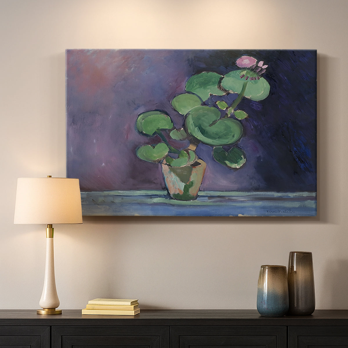 Canvas art print detailing a simple still life featuring a potted geranium, mounted in a softly lit interior space