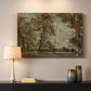 Canvas art print detailing a landscape featuring cathedral and greenery, mounted in a softly lit interior space