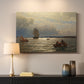Canvas art print detailing a scenic waterfront view with gentle sky and shoreline, mounted in a softly lit interior space