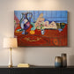Canvas art print detailing a colorful still life featuring a jug and statuette, mounted in a softly lit interior space