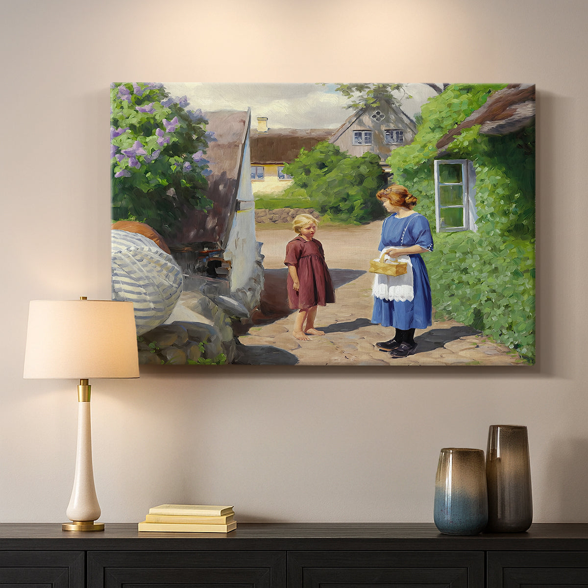 Canvas art print detailing a peaceful summer day with figures in small town environment, mounted in a softly lit interior space