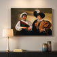 Canvas art print detailing two figures engaged in fortune telling with hidden deception, mounted in a softly lit interior space